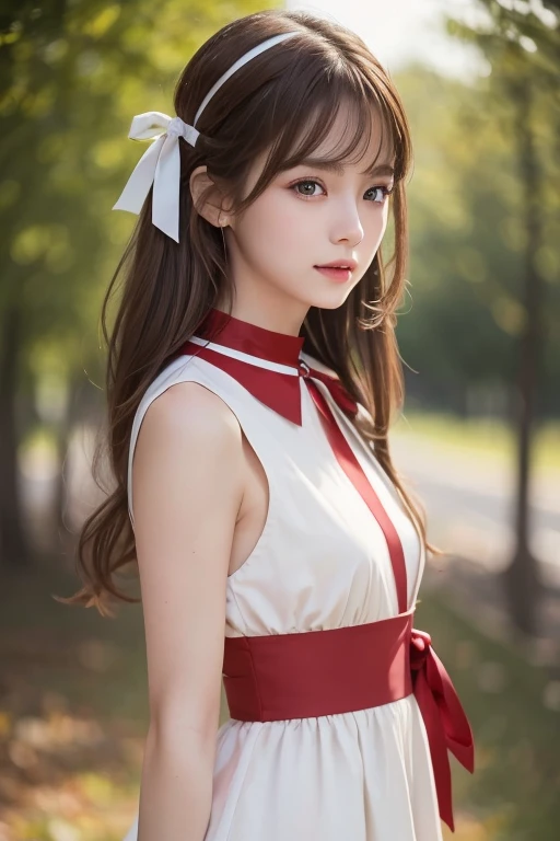 Life s,  brown hair,  white skin, Realistic, Long hair tied with a red ribbon, Light brown eyes,  Red Dress, 8K images, Realistic human skin,  image of a real  grabbing a collar,