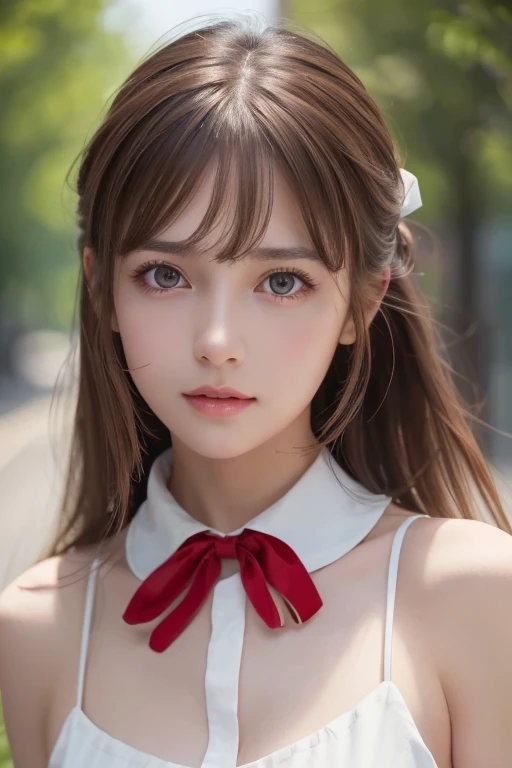 Life s,  brown hair,  white skin, Realistic, Long hair tied with a red ribbon, Light brown eyes,  Red Dress, 8K images, Realistic human skin,  image of a real  grabbing a collar,