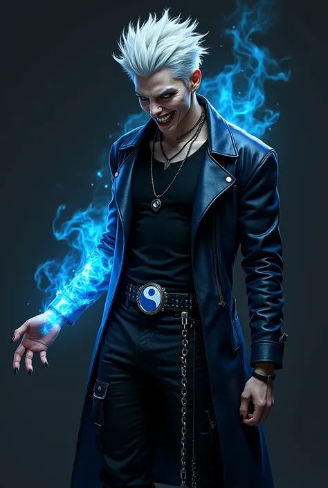 Male age 20, melayu, crazy smile, gray eyes, white hair visual kei, evil eyes, long crazy smile, royal blue and black leather matrix long gabardine open, soft black t-shirt, black cargo pants, only right arm on blue flames, cyberpunk japanese style, belt w...