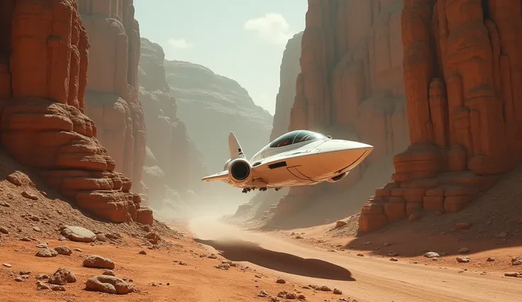  THE CAMERA TRAVELS QUICKLY THROUGH THE MIDDLE OF AN INTRICATE CANYON OF AN ARID ALIEN PLANET, LIFELESS AT GROUND LEVEL , MILES OF SUPERSONIC TRAVEL AT VERY HIGH SPEED . THE SHIP IS WHITE 