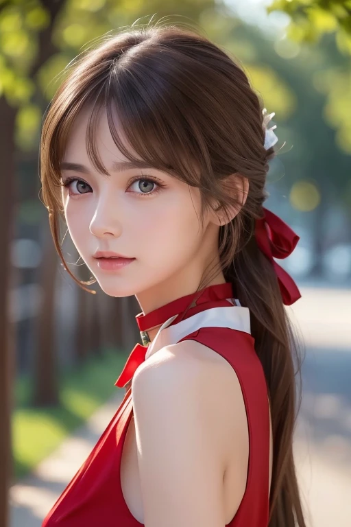 Life s,  brown hair,  white skin, Realistic, Long hair tied with a red ribbon, Light brown eyes,  Red Dress, 8K images, Realistic human skin,  image of a real  grabbing a collar,