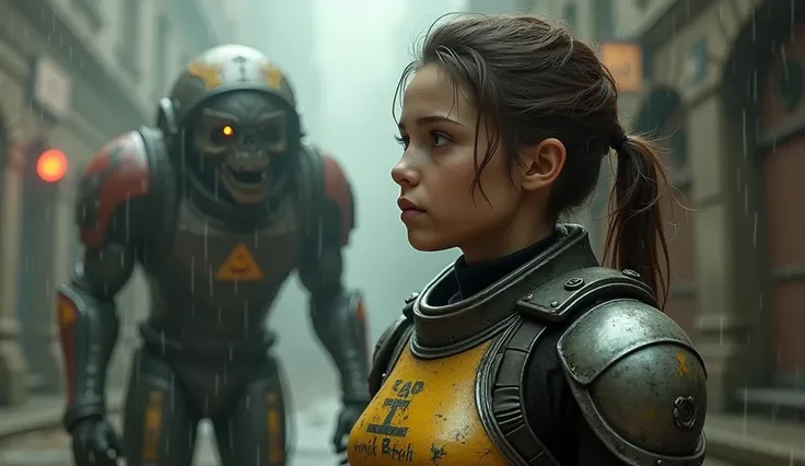  Generate an image about the computer game Fallout: London,  inscription girl in armor ,   apocalyptic armor style ,  thoughtful facial expression ,  its raining radioactive , Fallout : London,  and a monster looks at the girl from behind