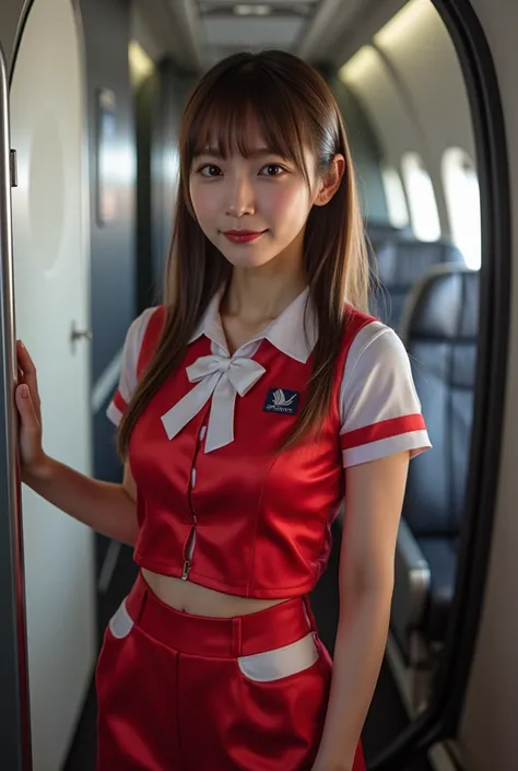 ultra-realistic, photorealistic, dramatic scene, shadow, global-illumination, solo, (teenage Japanese girl:1.5), very beautiful fragile Japanese girl, very beautiful with very cute but boyish cool face, (very large breasts), slim waist, (wearing a cabin cr...