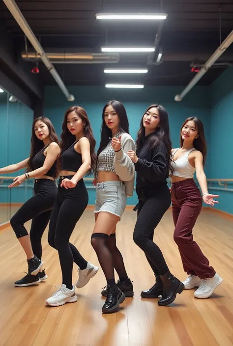 17-22 aged kpop girls. Make 3 of them look half american and korean and 2 of them fully korean. Make them release a dance practice video at a dance studio