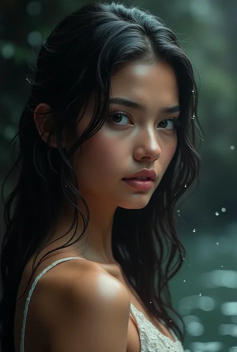 Hyper Realistic Portrait , beautiful women, side view, wet hair, wet face, water drops, dark bokeh, movie poster style, text "forever" below,