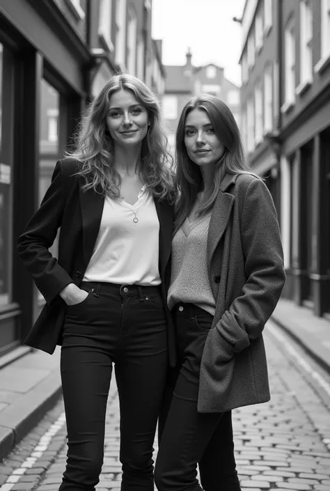 a 19 years old girl with her 55years old mother 1990 outfit in london old street black and white image