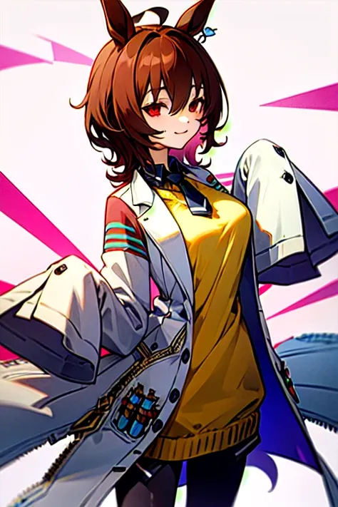  Agnes Tachyon 、Horse Girl、One person、 girl、Horse ears、Horse tail、 earring on one side 、Red eyes、 lines in eyes 、 shorthair、 brown hair 、Jacket、（White coat:1.2)、(bigger sleeve than wrist :1.1)、 yellow big sweater、 ties、 black pantyhose 、Stray hair、best qua...