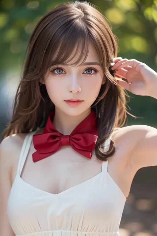 Life s,  brown hair,  white skin, Realistic, Long hair tied with a red ribbon, Light brown eyes,  Red Dress, 8K images, Realistic human skin,  image of a real  grabbing a collar,