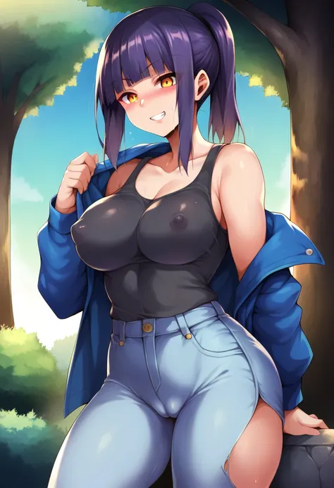 score_9, score_8_up, score_7_up, source_anime, 1girl, solo, park, amber eyes, violet hair, blue jacket, open jacket, black tank top, jean shorts, seated, on a rock, cowboy shot, grin, blush,  big breasts, wide hips, thick thighs, blunt bangs, ponytail, by ...