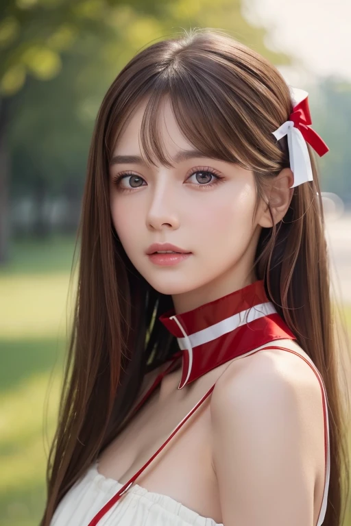 Life s,  brown hair,  white skin, Realistic, Long hair tied with a red ribbon, Light brown eyes,  Red Dress, 8K images, Realistic human skin,  image of a real  grabbing a collar,