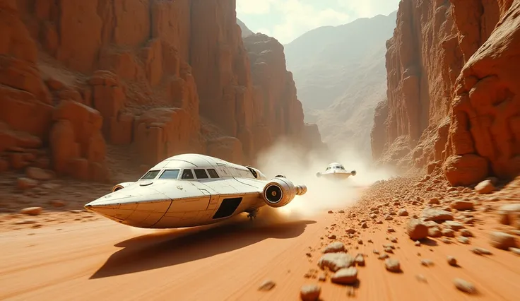  THE CAMERA TRAVELS QUICKLY THROUGH THE MIDDLE OF AN INTRICATE CANYON OF AN ARID ALIEN PLANET, LIFELESS AT GROUND LEVEL , MILES OF SUPERSONIC TRAVEL AT VERY HIGH SPEED . THE SHIP IS WHITE . THEY STAR IN TWO SHIPS IN PURSUIT
