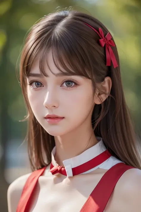 Life s,  brown hair,  white skin, Realistic, Long hair tied with a red ribbon, Light brown eyes,  Red Dress, 8K images, Realistic human skin,  image of a real  grabbing a collar,