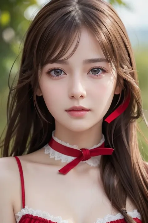 Life s,  brown hair,  white skin, Realistic, Long hair tied with a red ribbon, Light brown eyes,  Red Dress, 8K images, Realistic human skin,  image of a real  grabbing a collar,