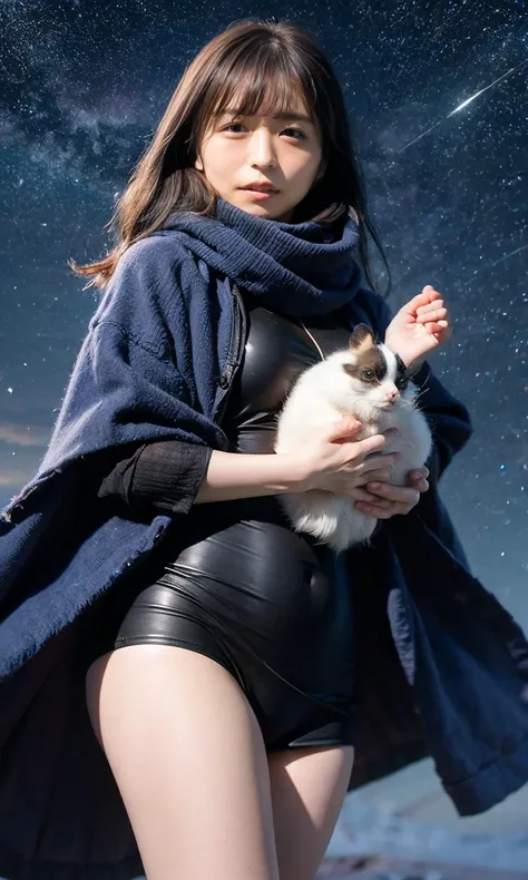 (  Admire the night sky in a frigid region、Wearing a fluffy scarf 、Her breath is white expression 、A woman looking at the starry sky、 Night Background 、that&#39;Outside at night)、(    plump breasts 、  Completely naked  、   Open your legs and touch your vag...