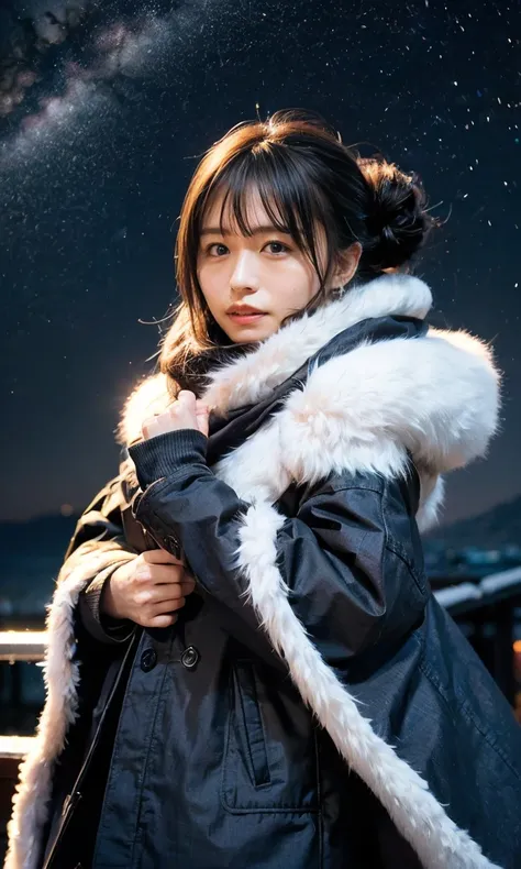 (  Admire the night sky in a frigid region、Wearing a fluffy scarf 、Her breath is white expression 、A woman looking at the starry sky、 Night Background 、that&#39;Outside at night)、(    plump breasts 、  Completely naked  、   Open your legs and touch your vag...