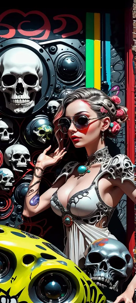 8K quality, watercolor painting, stylish design, (((The strongest beautiful girl of all time))), gal, Stylish sunglasses, Fashionable hats, (((highest quality))), bob hair, put your hand on the wall, HDR, Detailed details, skull fashion, detailed clothing ...