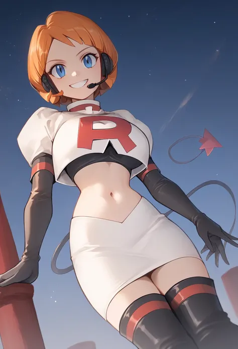 Team rocket, team rocket uniform, red letter R, white skirt,white crop top,black thigh-high boots, black elbow gloves, evil smile, night sky background, headset, large breasts, high-heeled boots, Leonie Pinelli, orange hair, short hair, bob cut