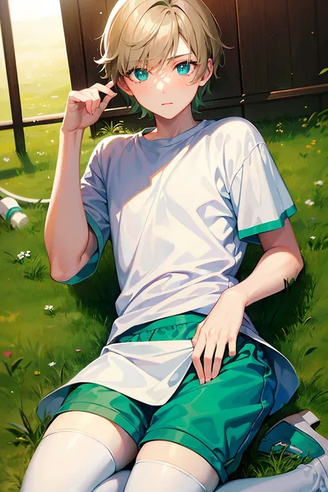 teenage boy in a white plain shirt and green boots, (beautiful eyes), (soft+cute), ((best quality)), ((masterpiece))