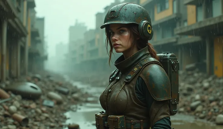  Generate an image about the computer game Fallout: London,  inscription girl in armor ,   apocalyptic armor style ,  thoughtful facial expression ,  its raining radioactive , Fallout : London