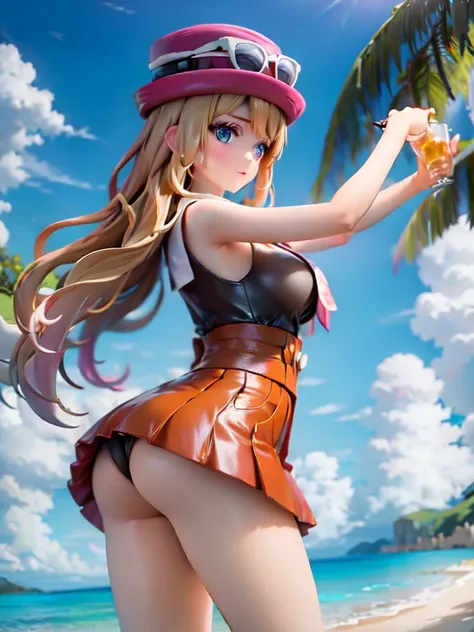 (masterpiece:1.5), (best quality:1.5), extremely detailed, 4k, (aaserena), solo, long hair, eyewear on headwear, pink headwear, eyelashes, blue eyes, sleeveless shirt, black shirt, high-waist skirt, red skirt, black thighhighs, happy, blush, nature, flower...