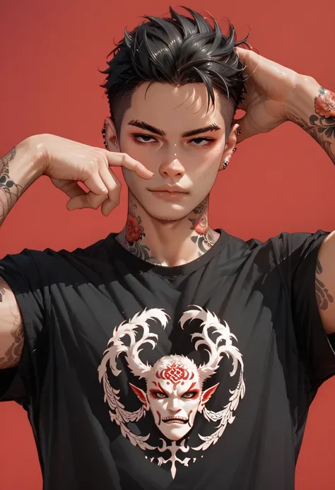 a handsome man is posing standing, dashing pose, wearing traditional japanese tattoos on his hands, wearing a traditional Japanese tattoo on the neck, wear a black t-shirt, look at viewers, red background, detail face, detail eyes, black eyes