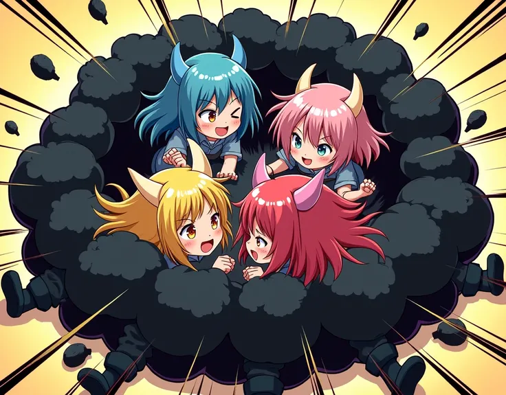 An anime-style comic depicting many monster-girls playfully wrestling with each other inside a black comical fight cloud.
each monster-girl has different  colored hair.
their faces,hands,and feet are visible emerging from the cloud as they tussle humorousl...