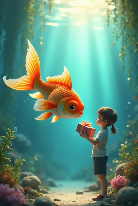 A fish giving a gift to a human 