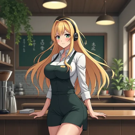 Physically fit adult woman with long blond hair and large breasts wearing a uniform with a long sleeve from a Japanese coffee shop and an anime headset