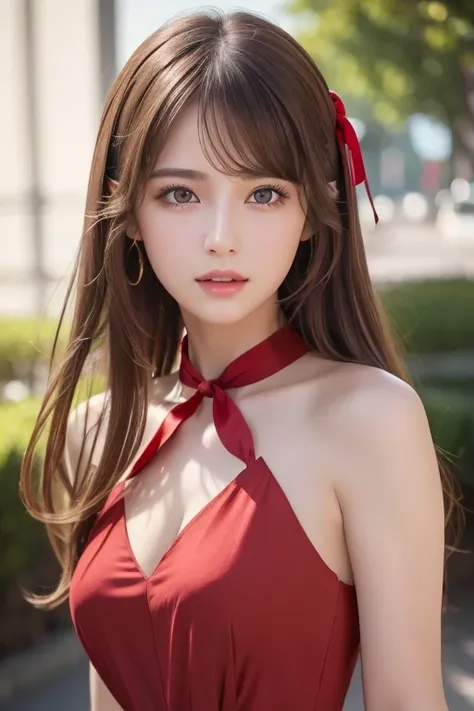 Life s,  brown hair,  white skin, Realistic, Long hair tied with a red ribbon, Light brown eyes,  Red Dress, 8K images, Realistic human skin,  image of a real  grabbing a collar,