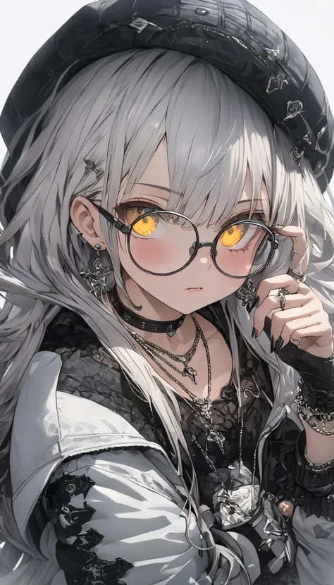  long hair、Gray Hair、Wonderful、最 High Quality 、Beautiful very 、 absurd、With bangs、Glasses、 yellow eyes、(( Masterpiece  )), (( 最 High Quality )),  (Anime:1.3),( super detailed:1.2), (  high definition  :1.3), (  professional photography :1.4),  hoodie,  vin...