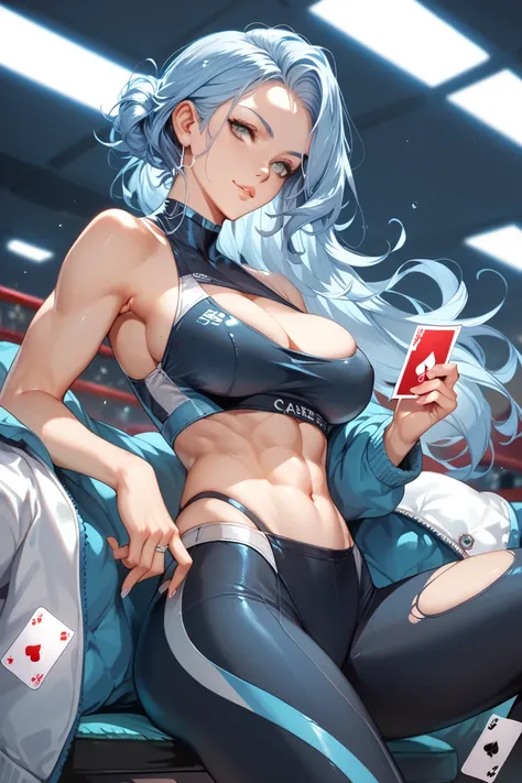  sexy character , Girl with fitness body ,  perfect round breasts ,  gray eyes and light blue hair ,  player wearing tight futuristic clothing, Cardgame ,  With Yugioh cards in a Cardgame competition setting