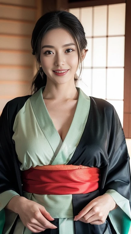 Mature attractive sexy woman,50 years old, ((kimono)),Dark Green、kimono, (((one piece robe, pale and coloured kimono:1.3))), Shut,((Big Breasts:1.2)),(Facial wrinkles:1.3),light makeup,Light brown hair,Long Hair,(Full body photo:0.85),(Emphasize pubic hair...