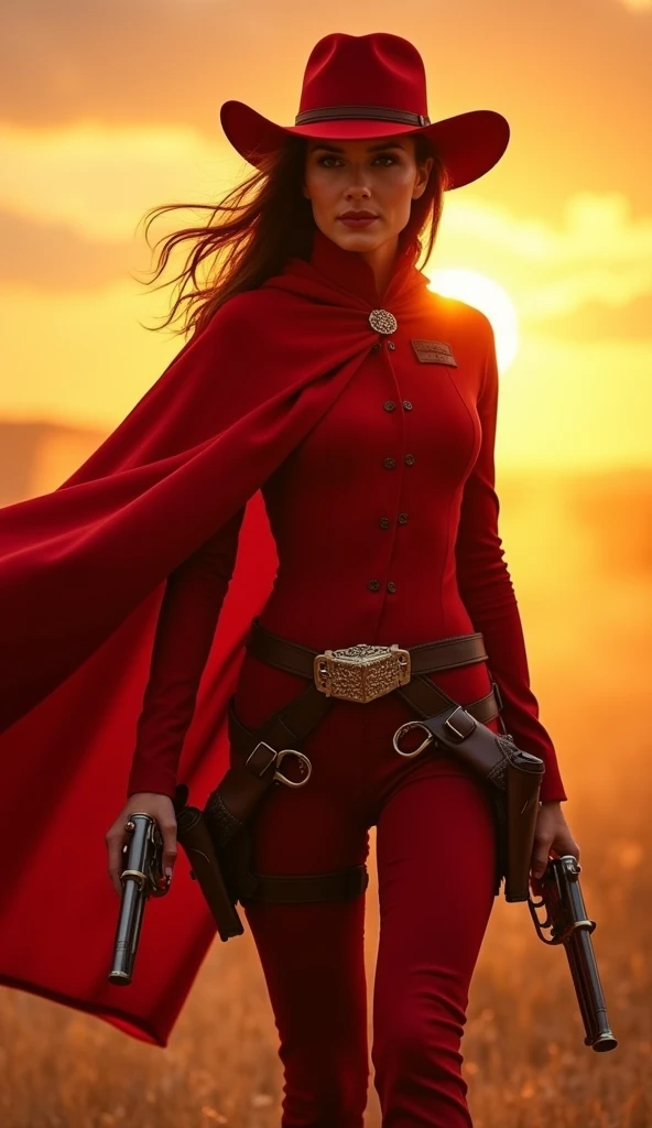 A fiery red riding hood, clad in a bold crimson ensemble, complete with a matching hat and flowing western-style cape, strides confidently into frame as the warm orange hues of sunset cast a golden glow upon her gunslinger attire, a pair of pistols holster...