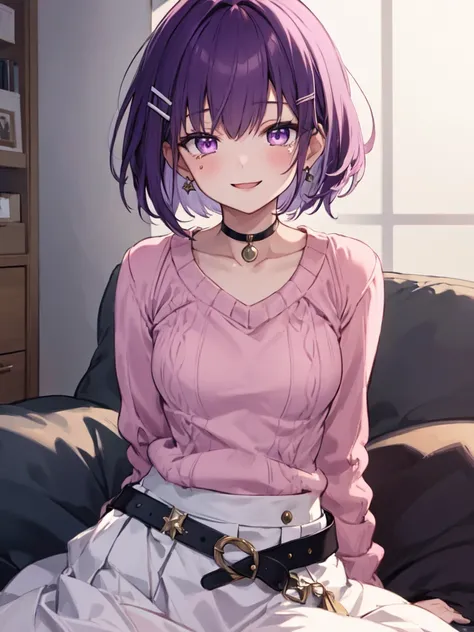  1 girl , solo, Purple Hair,  bob hair, Beautiful breasts, medium chest , pink sweater,White Skirt, Long Skirt, black choker ,Black belt,Pink jacket, hair clip,Slanted Eyes, Light purple eyes, smiles,happiness/joy,  Seductive Smile , teardrop , high defini...