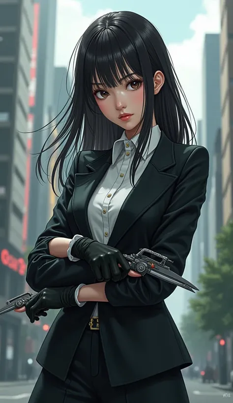 woman、 Japanese、18 years old、 pretty girl、 wearing gloves that cover up to the upper arm 、 the large knife is equipped on the back of the hand、 the knife is mounted on the back of the left and right hand 、 wearing a sleeveless tuxedo 、The background is an ...