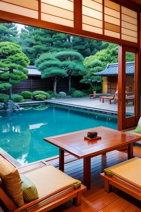  Japanese houses 、table、Drinking a cup of tea 、hanging scroll、 looking at a Japanese garden、Pool、pine tree、Cherry Tree、