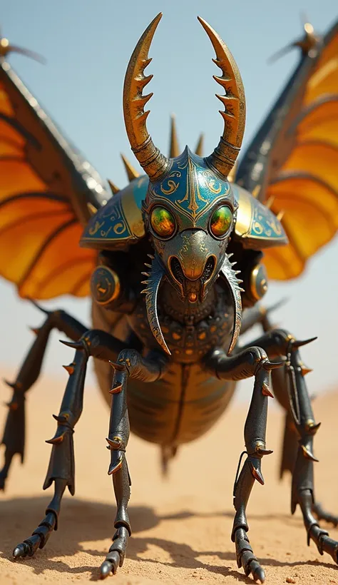 A warrior inspired by a scarab beetle, with a more insect-like appearance. Its body is encased in a natural exoskeleton shimmering with metallic gold and deep blue hues. Large, curved mandibles frame its face, and multi-faceted glowing eyes give it a mysti...