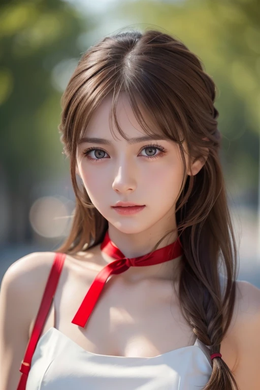 Life s,  brown hair,  white skin, Realistic, Long hair tied with a red ribbon, Light brown eyes,  Red Dress, 8K images, Realistic human skin,  image of a real  grabbing a collar,