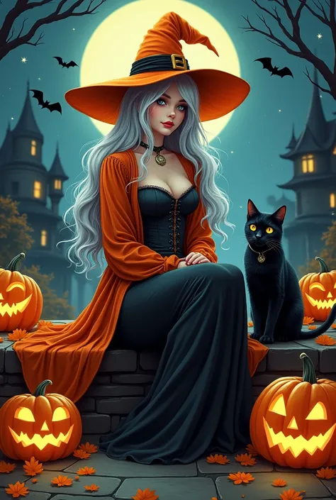 is a highly detailed digital illustration in a vibrant gothic style depicting a Halloween theme.the central figure is a European woman with long flowing silver-white hair cascading over her shoulders. she is wearing a classic witch outfit consisting of a b...