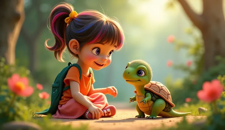  image for a cartoon story of Disney-style YouTube videos, in Pixar format : Toby and Luna .  A girl with bright hair is playing with a little dinosaur,  are standing next to Toby the turtle .