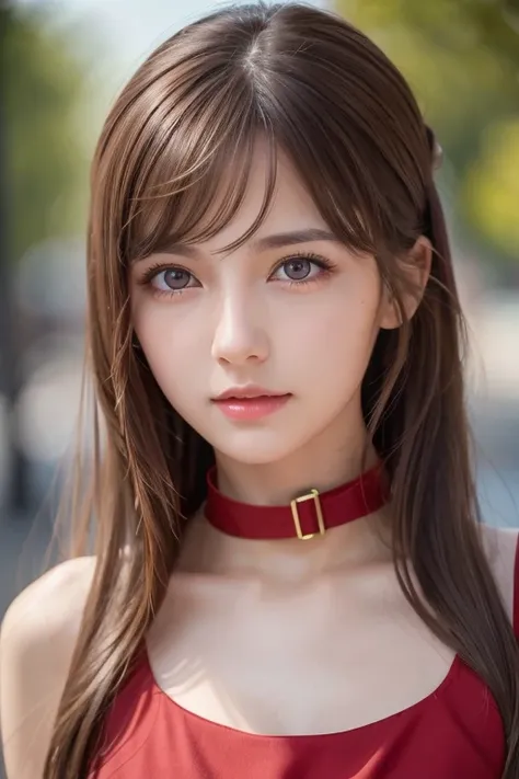 Life s,  brown hair,  white skin, Realistic, Long hair tied with a red ribbon, Light brown eyes,  Red Dress, 8K images, Realistic human skin,  image of a real  grabbing a collar,