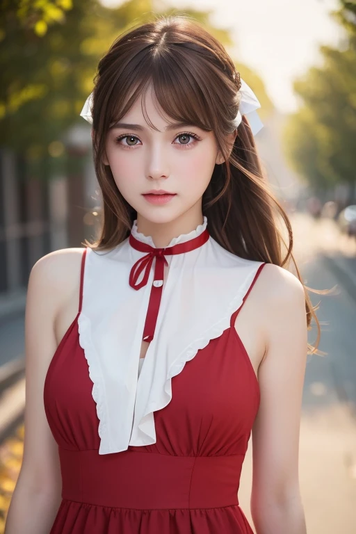 Life s,  brown hair,  white skin, Realistic, Long hair tied with a red ribbon, Light brown eyes,  Red Dress, 8K images, Realistic human skin,  image of a real  grabbing a collar,