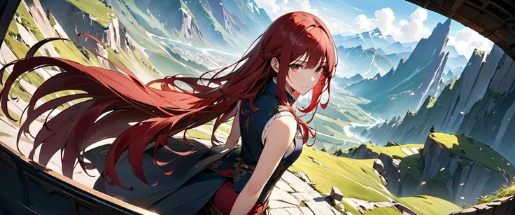 (((masterpiece,  best quality ,  super detailed,  vest shadow:1.5))), (Detailed and fantastical background,Dark fantasy), ( extremely beautiful and detailed faces ), ((( 1 woman, Alone,dark red hair 、 straight long hair, Sharp Face, Brown Eyes ,  How to do...