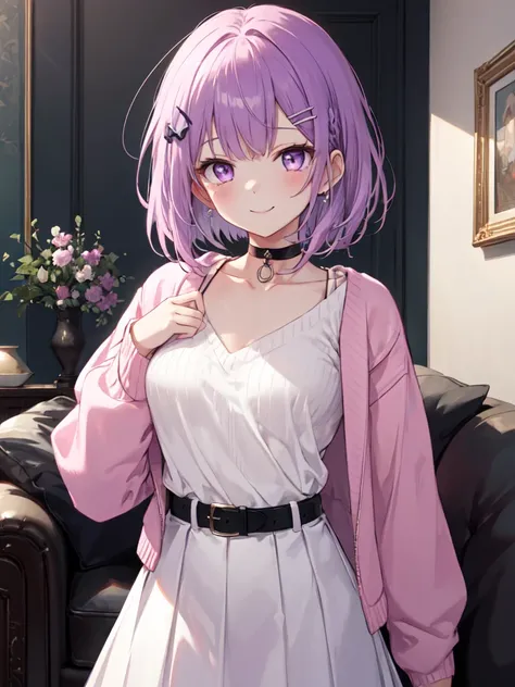  1 girl , solo, Purple Hair,  bob hair, Beautiful breasts, medium chest , pink sweater,White Skirt, Long Skirt, black choker ,Black belt,Pink jacket, hair clip,Slanted Eyes, Light purple eyes, smiles,happiness/joy,  Seductive Smile , teardrop , high defini...