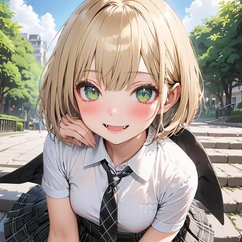  1 high school girl、(green eyes:1.5),(naughty face:1.5)、half-closed eyes,(blush:1.5),(beige short hair :1.5)、( bob cut :1.5),(hiding ears with hair:1.5), open her mouth 、1 fangs 、( small breasts:1.1)、(Black blazer:1.1)、(Regular necktie:1.1)、( black plaid m...