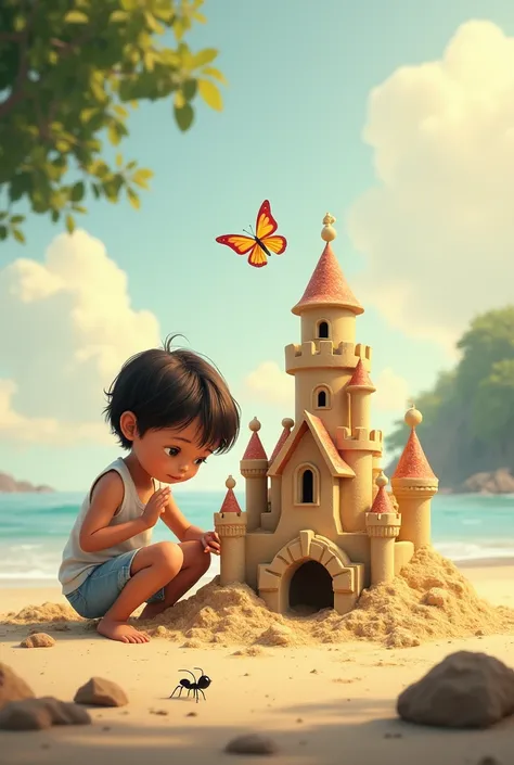   plays in the sand making a castle and an ant and a butterfly appear as characters in the story.