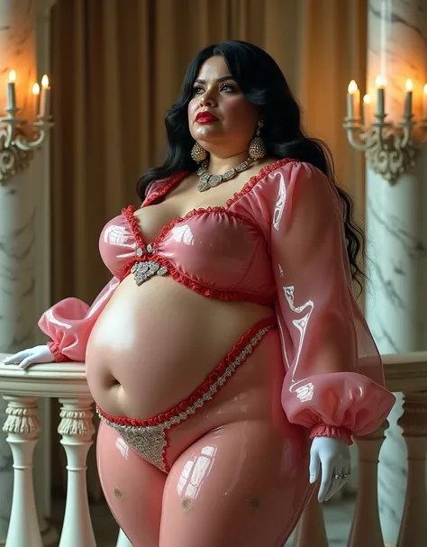 Long shot, view from the side3/4 rear view, full body, of a fat old woman, obese, overweight, with long black hair, pale black skin, with thick thighs, large hips, long legs with satin high heels, pink blemishes, big thick lips with red glossy lipstick, tw...