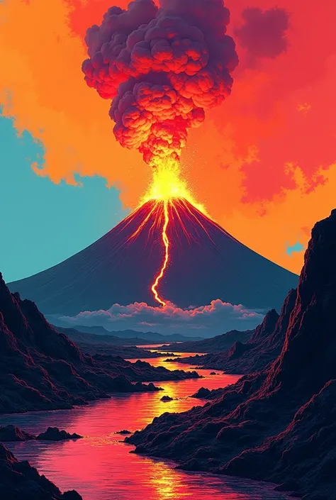 Volcanic Eruption, A modern artwork reinterpreting the eruption of Mount Vesuvius in the style of Andy Warhol. The screen adopts bright colors and pop art style, transforming the moment of volcanic eruption into a cultural symbol