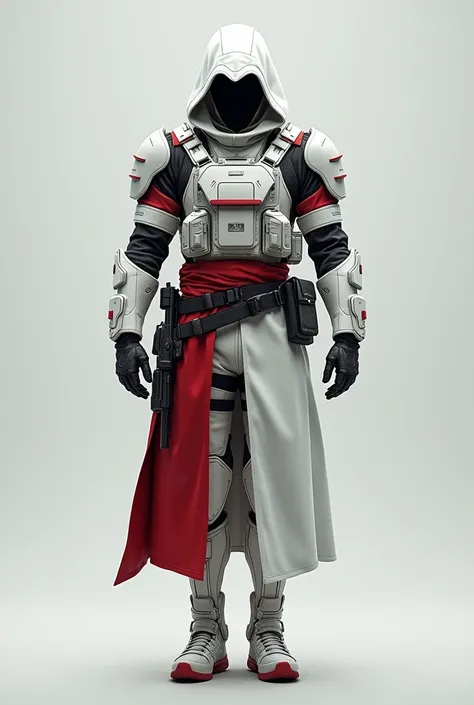 Tactical costume Assassins Creed modern day 2024 with soldier appearabce White and red full body with Military appearance MIXED with pauches and bulletproof vest