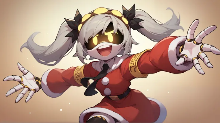 2D, score_9, score_8_up, score_7_up, BREAK, 1girl, solo,sdJ, Grey Hair, Yellow Eyes, Robot, Visor, Twintails, red suit, black tie, single armband, thighhighs, santa costume, happy, happy joyful holiday atmosphere, perfect for a YouTube thumbnail